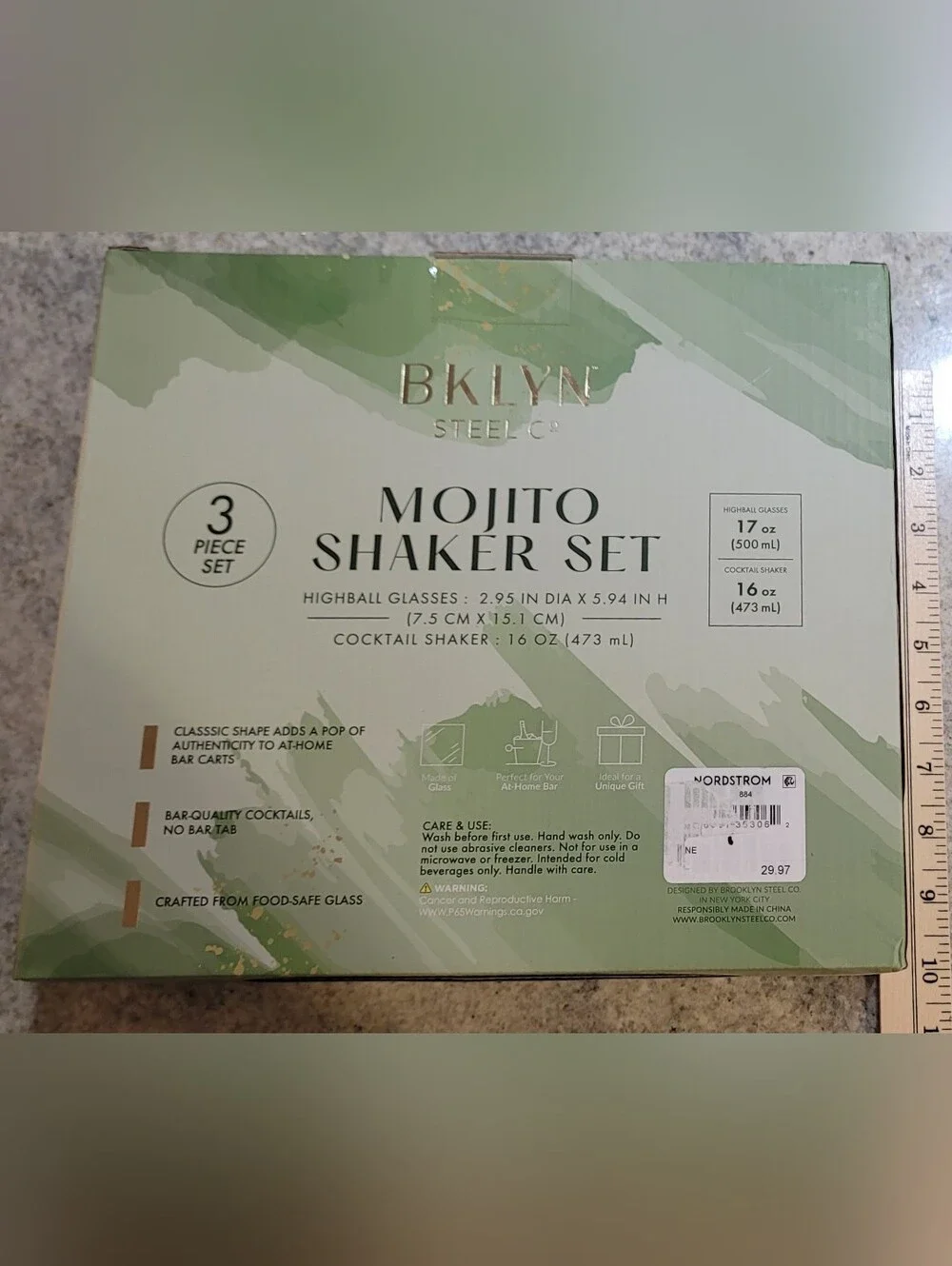 NIB Brooklyn Steel Co Mojito Drink Cocktail Shaker 3Pc Set Home Bar Glass Metal
